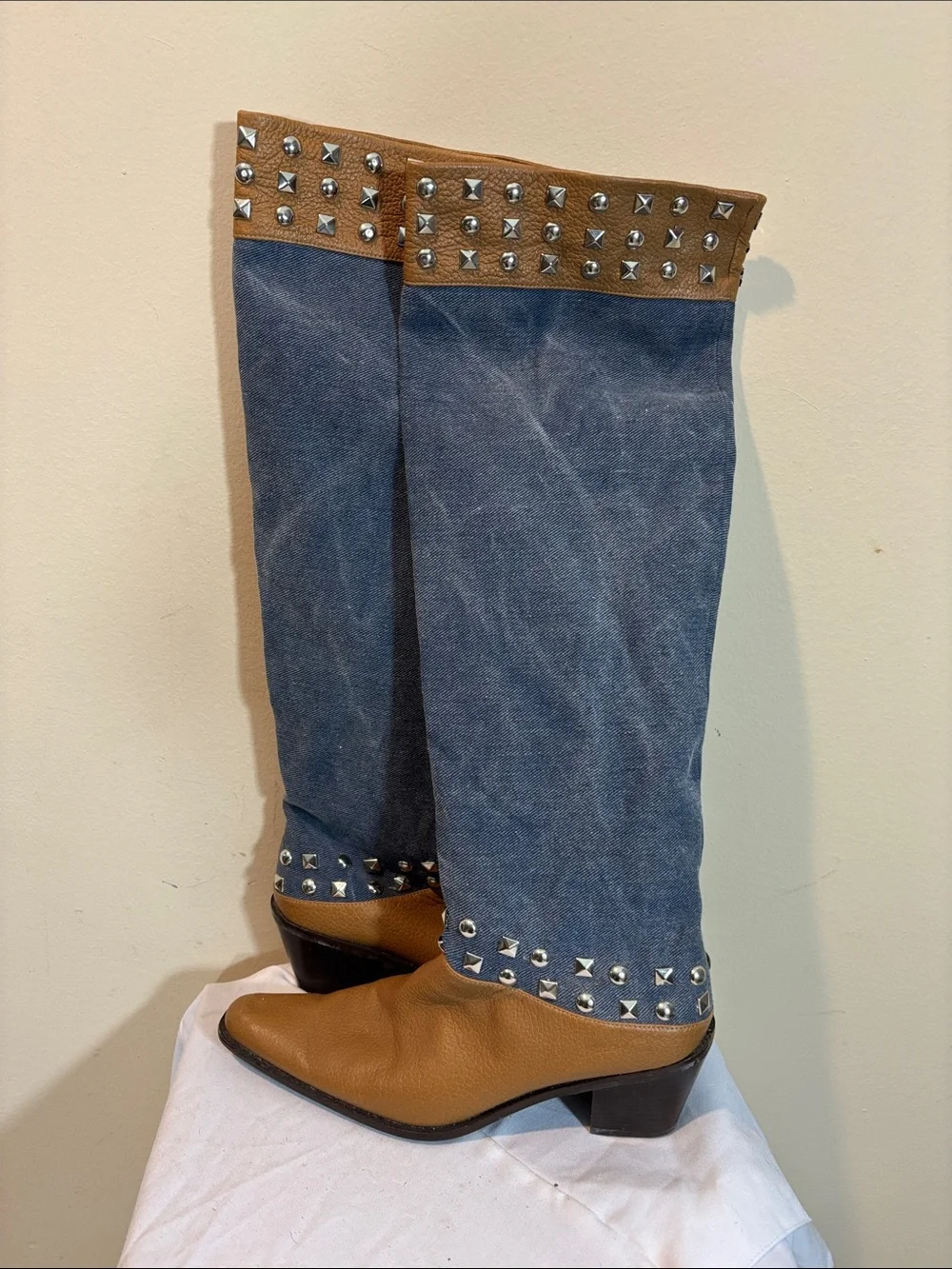 Vintage Stuart Weitzman Blue Denim and Tan Studded Boots